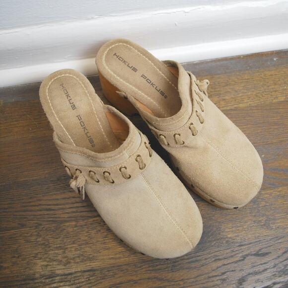 Vintage Hokus Pokus Wooden Suede Leather Platform Mules Clogs - Picture 4 of 9
